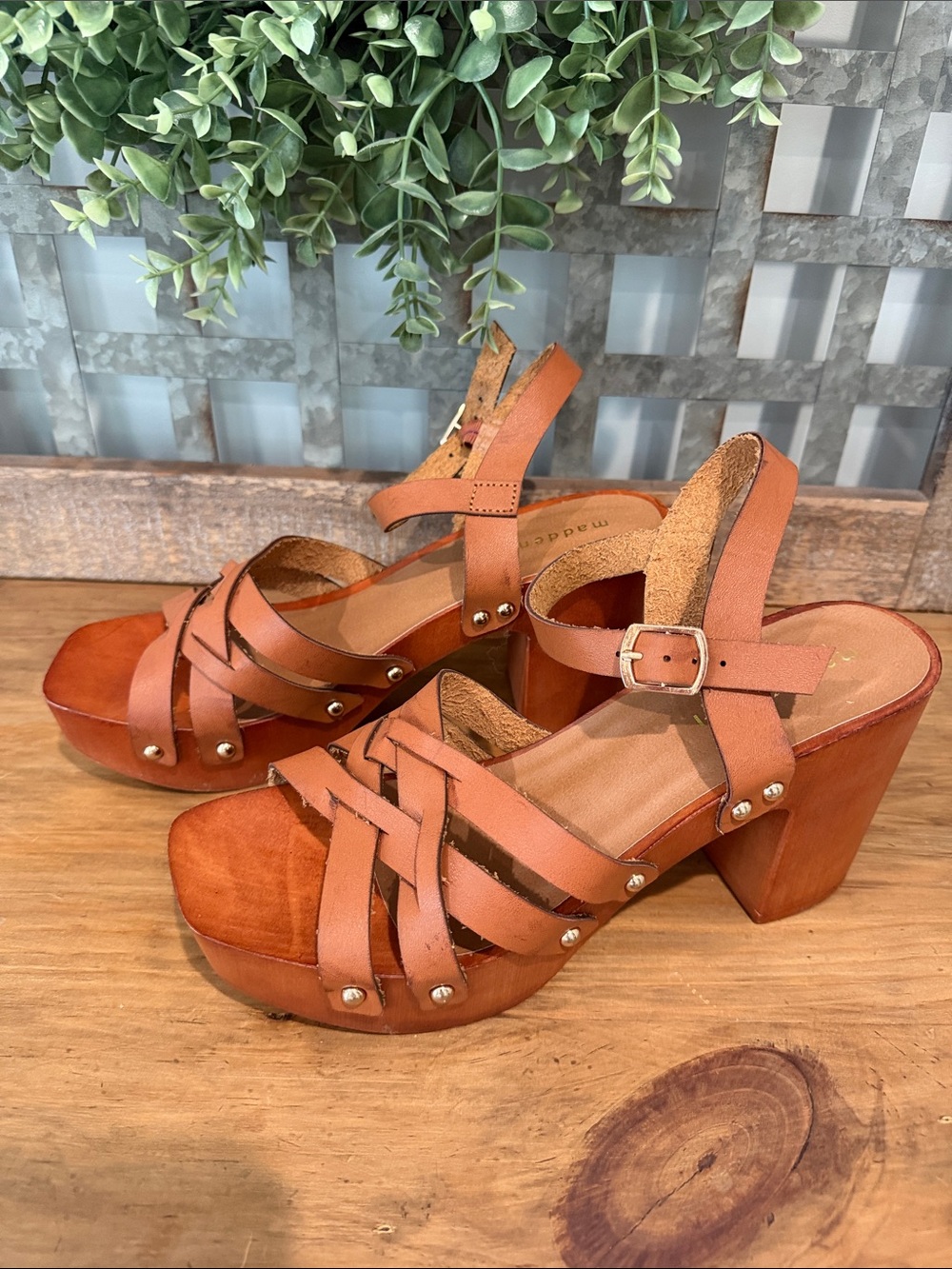 Madden Girl Cognac Brown Strappy Leather Platform Wedges